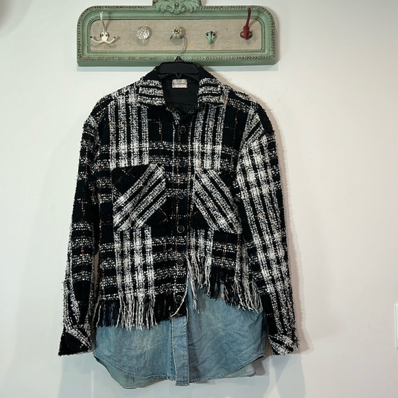 Charlie Luciano Tweed Patchwork denim Shirt shacket Black oversized medium top - Picture 1 of 9